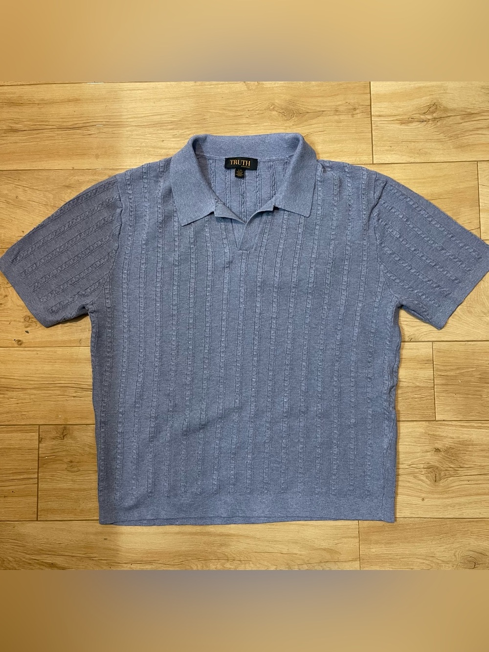 Truth Men’s L Light Blue Cable-Knit V-Neck Polo Sweater